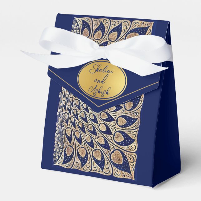 Blue Gold Peacock Art Nouveau Wedding Favour Box (Front Side)