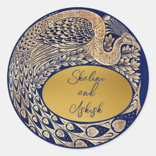 Blue Gold Peacock Art Nouveau Wedding Sticker