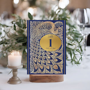 Blue Gold Peacock Art Nouveau Wedding Table Number