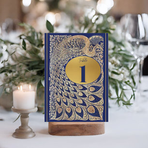 Blue Gold Peacock Art Nouveau Wedding Table Number