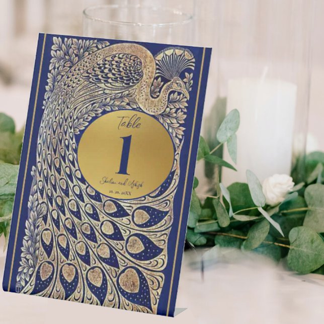 Blue Gold Peacock Art Nouveau Wedding Table Number Pedestal Sign (Creator Uploaded)