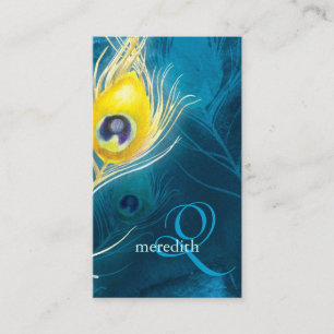 Blue Gold Peacock Feathers Monogram Business Card