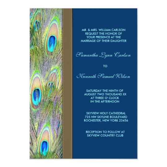 Blue Gold Peacock Feathers Wedding Card