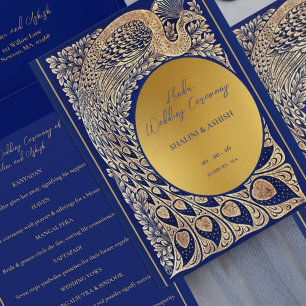 Blue Gold Peacock Indian Hindu Wedding Ceremony Programme