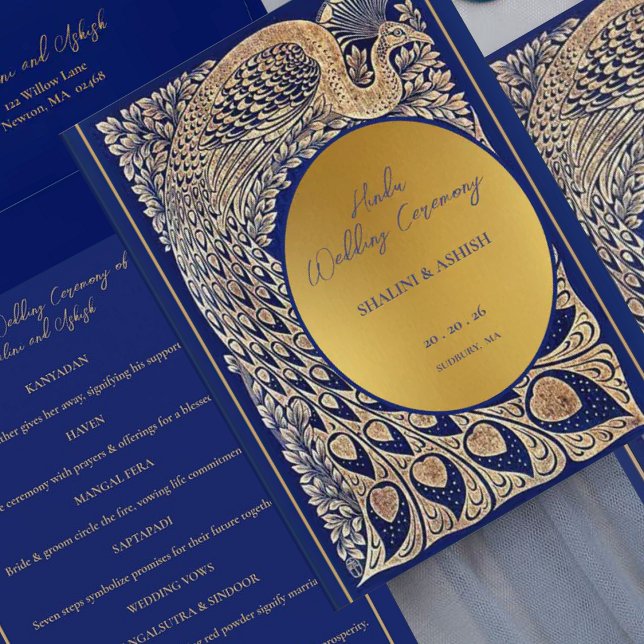 Blue Gold Peacock Indian Hindu Wedding Ceremony Programme (Creator Uploaded)