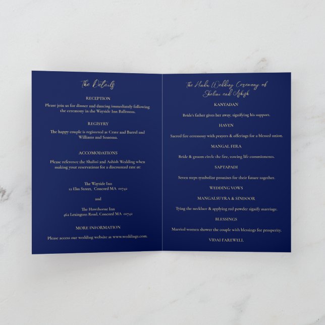 Blue Gold Peacock Indian Wedding Details, Program  Invitation (Inside)