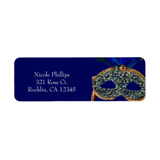 Blue & Gold Peacock Masquerade Party Invitation Return Address Label