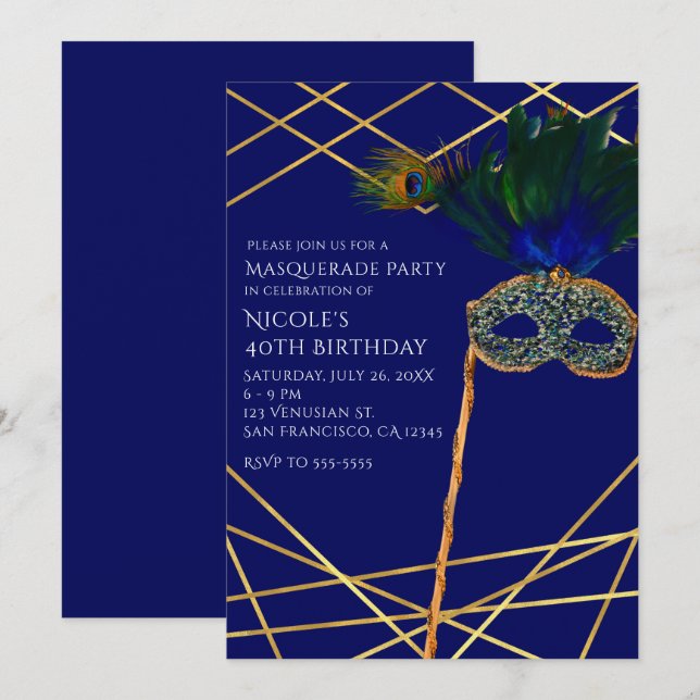 Blue & Gold Peacock Masquerade Party Invitations (Front/Back)