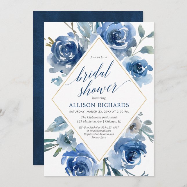 Blue gold peonies watercolor elegant bridal shower invitation (Front/Back)