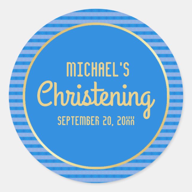 Blue & Gold Personalised Christening Sticker, Boy Classic Round Sticker (Front)