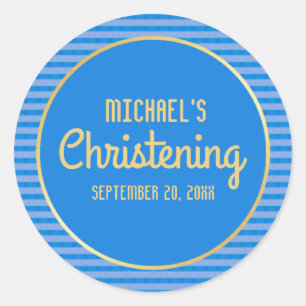 Blue & Gold Personalised Christening Sticker, Boy Classic Round Sticker