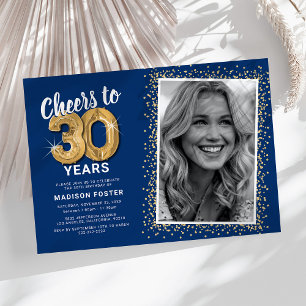 Blue Gold Photo 30th Birthday Invitation
