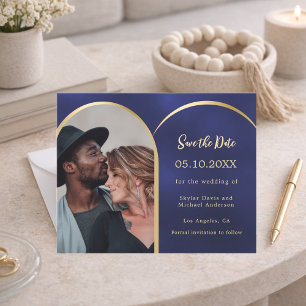 Blue gold photo arch wedding Save the Date card