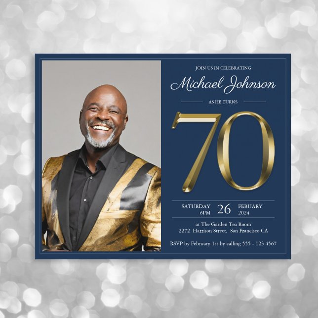 Blue Gold Photo Budget 70th Birthday Invitation (Mockup View)