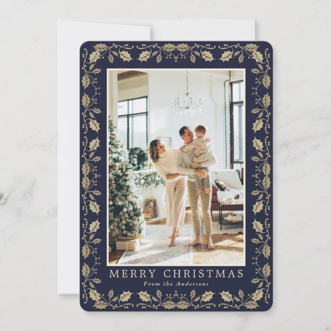 Blue Gold Photo Elegant Christmas Card (Front)