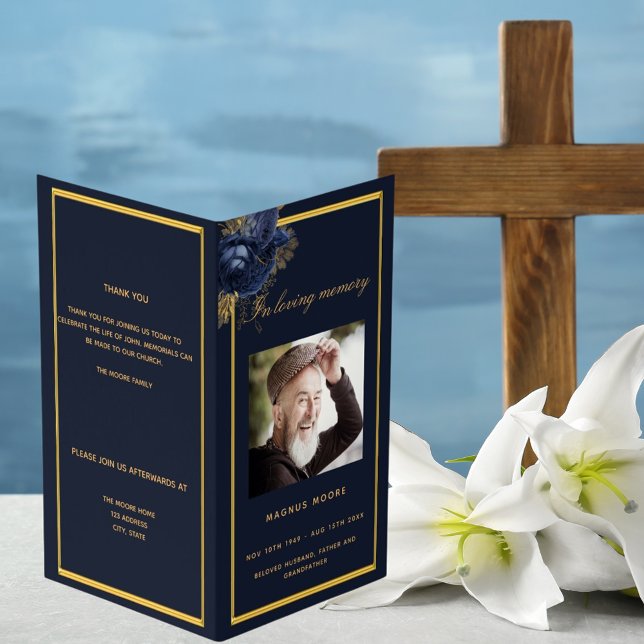 Blue gold photo elegant floral funeral program (Creator Uploaded)
