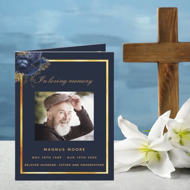 Blue gold photo elegant floral funeral program thank you card (Creator Uploaded)