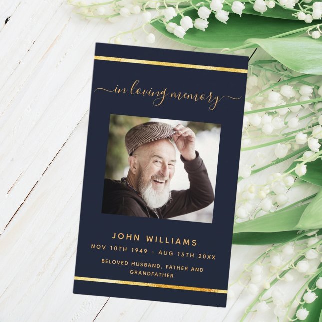 Blue gold photo elegant funeral program card (Creator Uploaded)