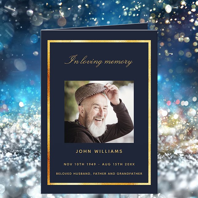 Blue gold photo elegant funeral program thank you card (Creator Uploaded)