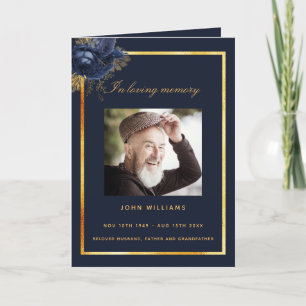 Blue gold photo floral classic funeral program thank you card