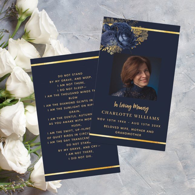 Blue gold photo floral funeral prayer card (Creator Uploaded)