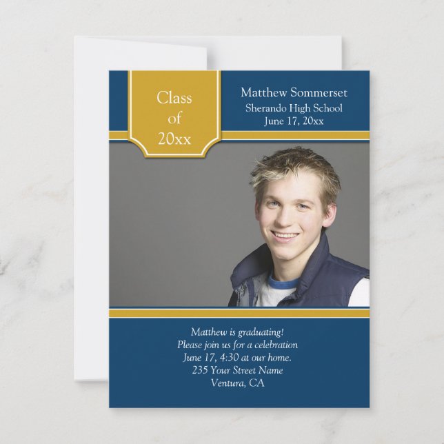 Blue Gold Photo Graduation Invitation (Front)
