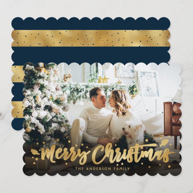 Blue Gold Photo Merry Christmas Card (Front/Back)