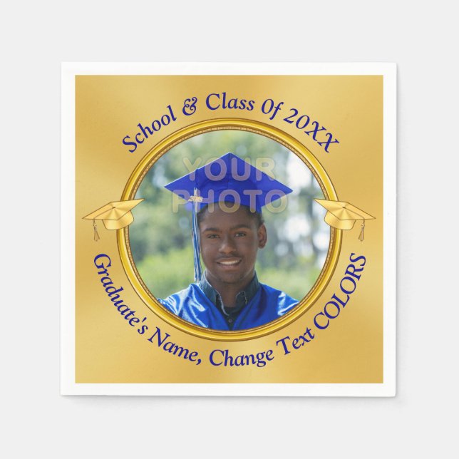 Blue Gold Photo Personalised, Graduation Napkins (Front)