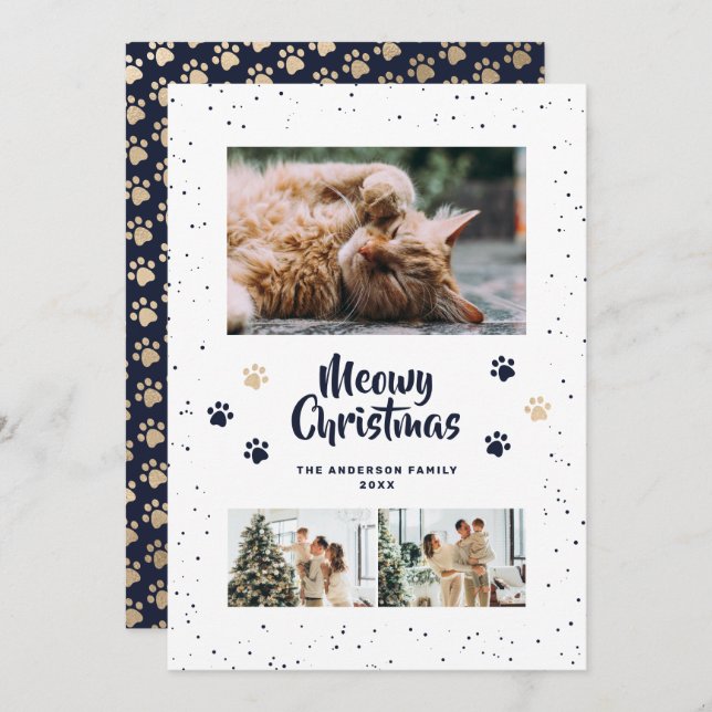 Blue Gold Photo Snow Paws Meowy Christmas Card (Front/Back)