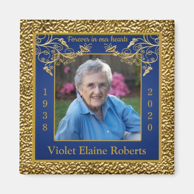 Blue, Gold Photo Template Memorial Magnet (Front)