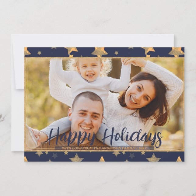 Blue Gold Photo Unique Festive Modern Christmas Holiday Card (Front)