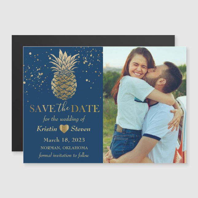 Blue Gold Pineapple Photo Save the Date Magnet (Front/Back)