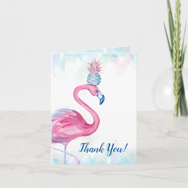 Blue Gold Pink Flamingo Pineapple Thank You Cards (Front)