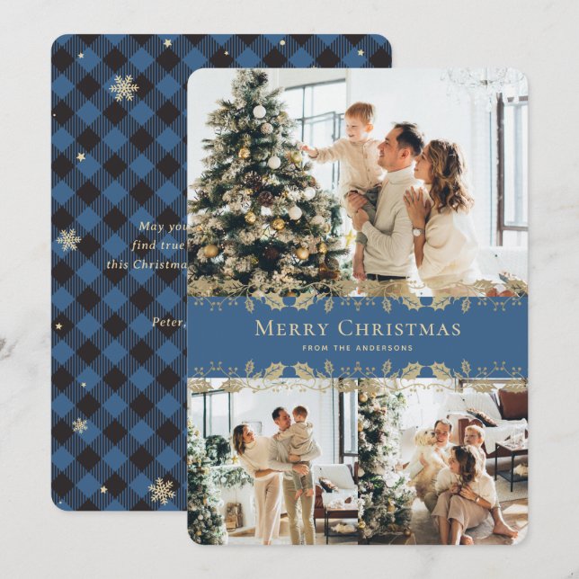 Blue Gold Plaid Botanical Photo Merry Christmas Holiday Card (Front/Back)