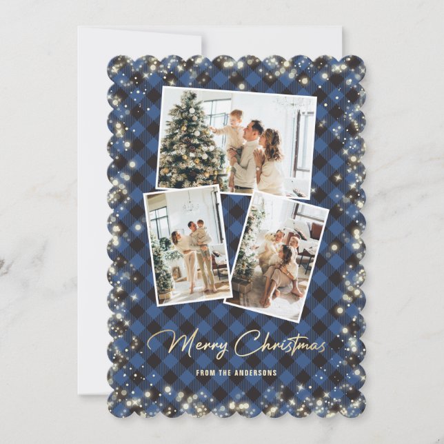 Blue Gold Plaid Photo Collage Merry Christmas Holiday Card (Front)