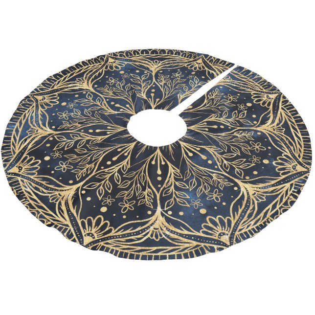 Blue Gold Poinsettia Flower Mandala Brushed Polyester Tree Skirt (Angled)