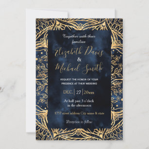 Blue Gold Poinsettia Flower Mandala Invitation