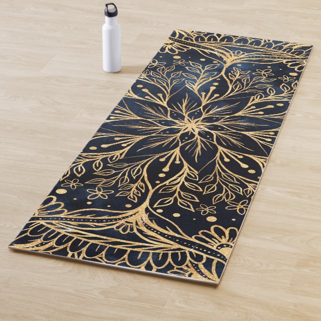Blue Gold Poinsettia Flower Mandala Yoga Mat (In Situ)