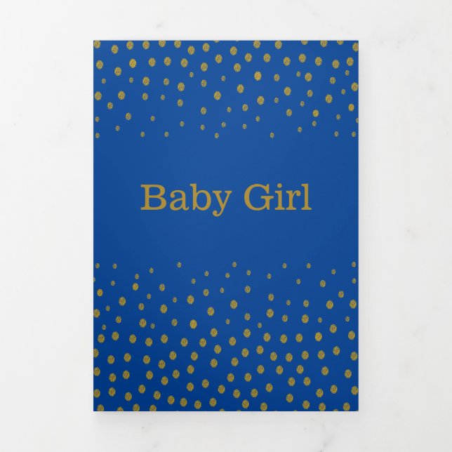 Blue & Gold Polka Dot, 3 Photo Collage Baby Birth Tri-Fold Announcement (Cover)