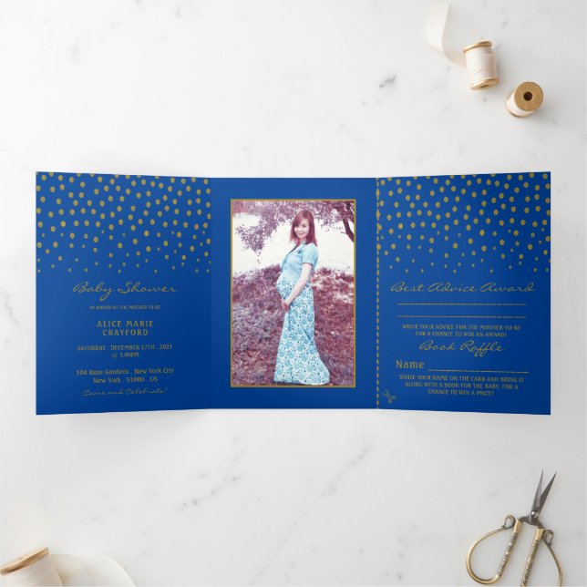Blue & Gold Polka Dot, Baby Shower Suite Tri-Fold Invitation (Inside)