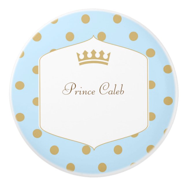Blue & Gold Polka Dots Prince Crown Dresser Ceramic Knob (Front)