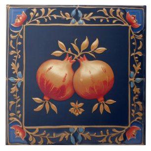 Blue & Gold Pomegranates Pink Red Pomegranate Tile