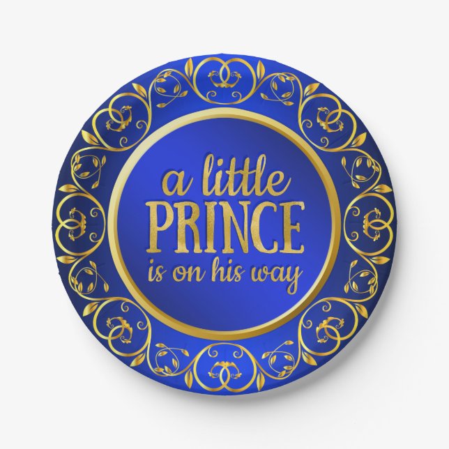 Blue Gold Prince Baby Shower Paper Plates (Front)