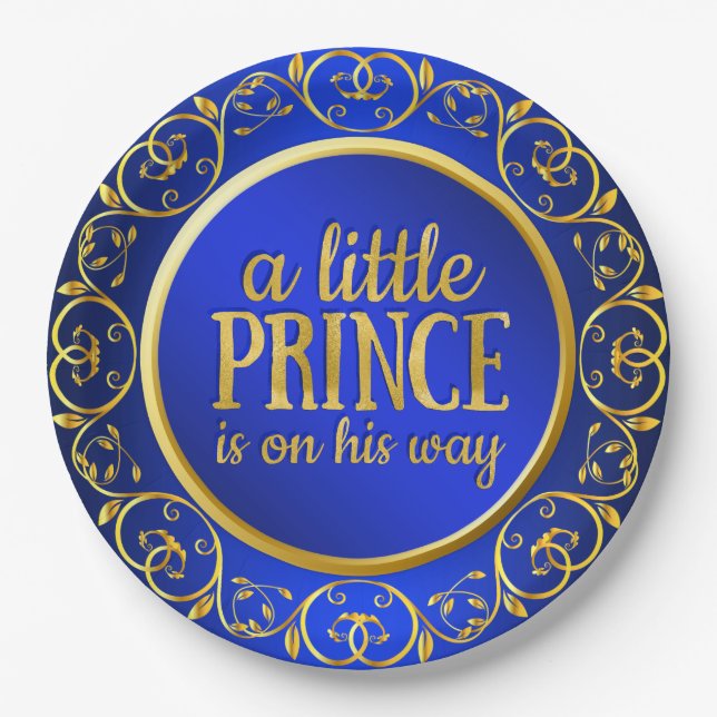 Blue Gold Prince Boy Baby Shower Paper Plates (Front)