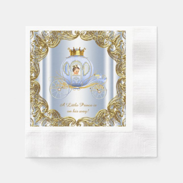 Blue Gold Prince Carriage Prince Baby Shower Napkin (Front)