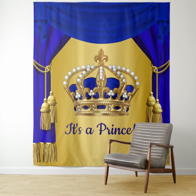 Blue Gold Prince Crown Baby Shower Backdrops Tapestry (In Situ)