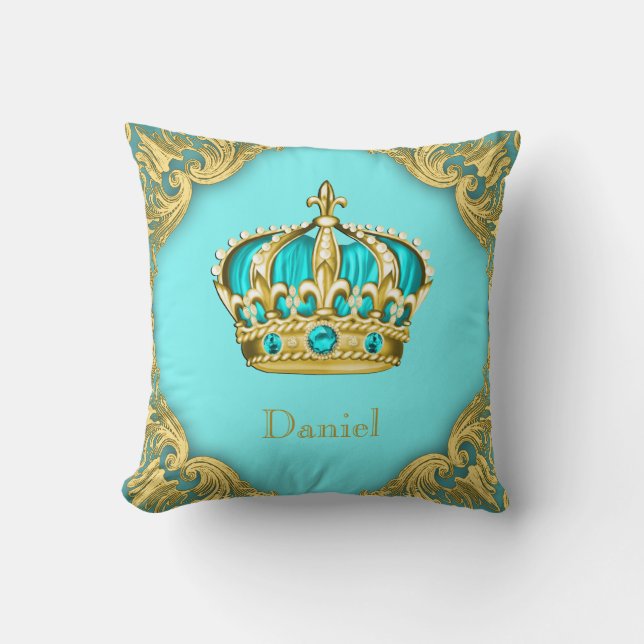 Blue Gold Prince Crown Nursery Decor Boys Cushion (Front)