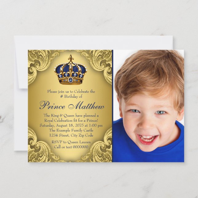 Blue Gold Prince Crown Prince Birthday Party Invitation (Front)