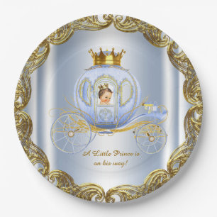 Blue Gold Prince Royal Carriage Prince Baby Shower Paper Plate
