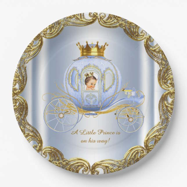 Blue Gold Prince Royal Carriage Prince Baby Shower Paper Plate (Front)